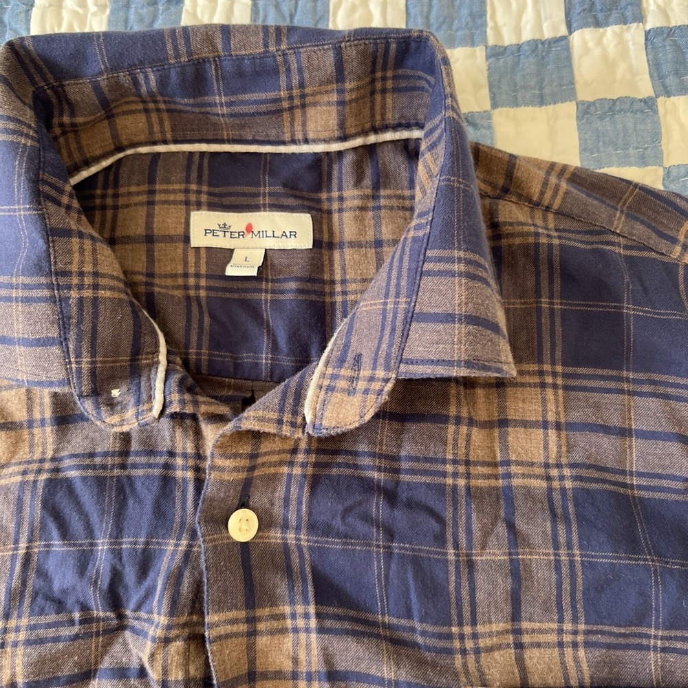 Peter Millar Flannel Shirt Mens Large Blue‎ Plaid Lightweight Casual Long Sleeve
